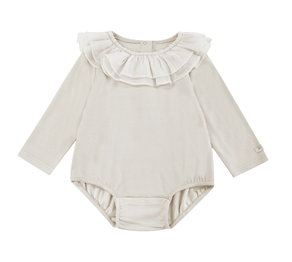 Donsje Fabien bodysuit in Birch, front view with a ruffled collar