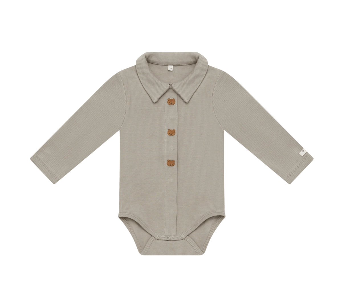 Donsje Finnian Bears bodysuit in Dusty Green, front view with collar and buttons
