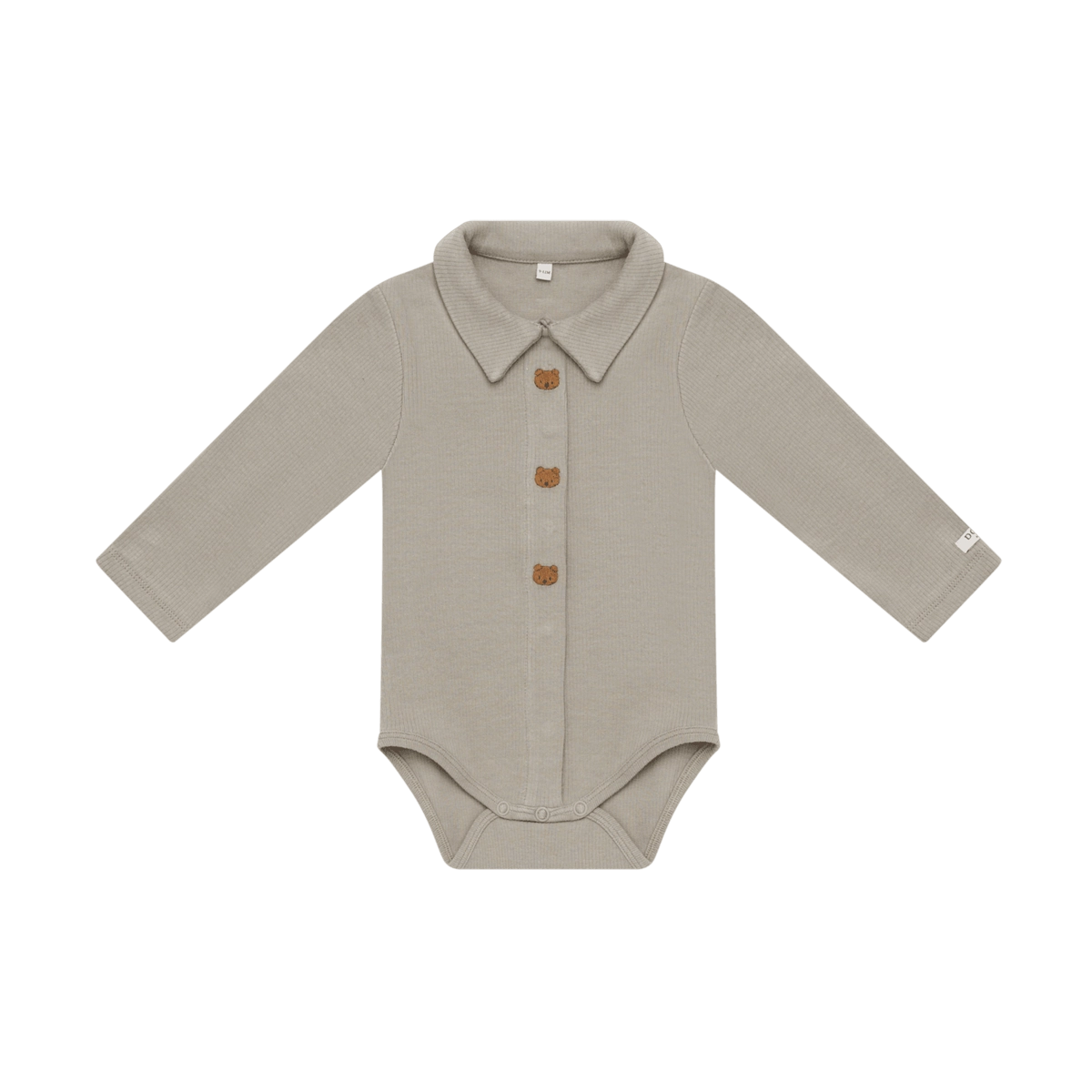 Donsje Finnian Bears bodysuit in Dusty Green, front view with collar and buttons