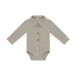 Donsje Finnian Bears bodysuit in Dusty Green, front view with collar and buttons