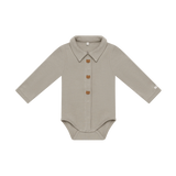 Donsje Finnian Bears bodysuit in Dusty Green, front view with collar and buttons