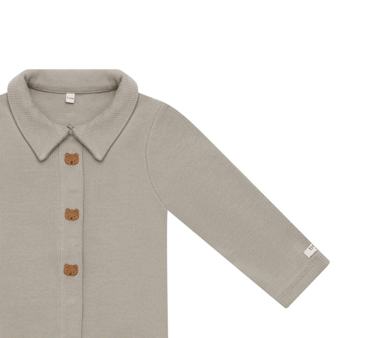 Donsje Finnian Bears bodysuit in Dusty Green, close-up of the front and sleeve