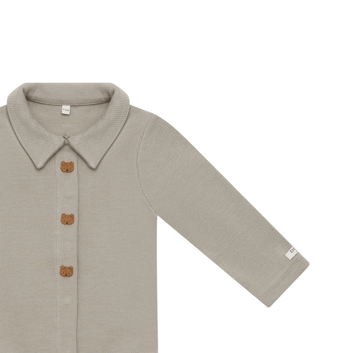 Donsje Finnian Bears bodysuit in Dusty Green, close-up of the front and sleeve