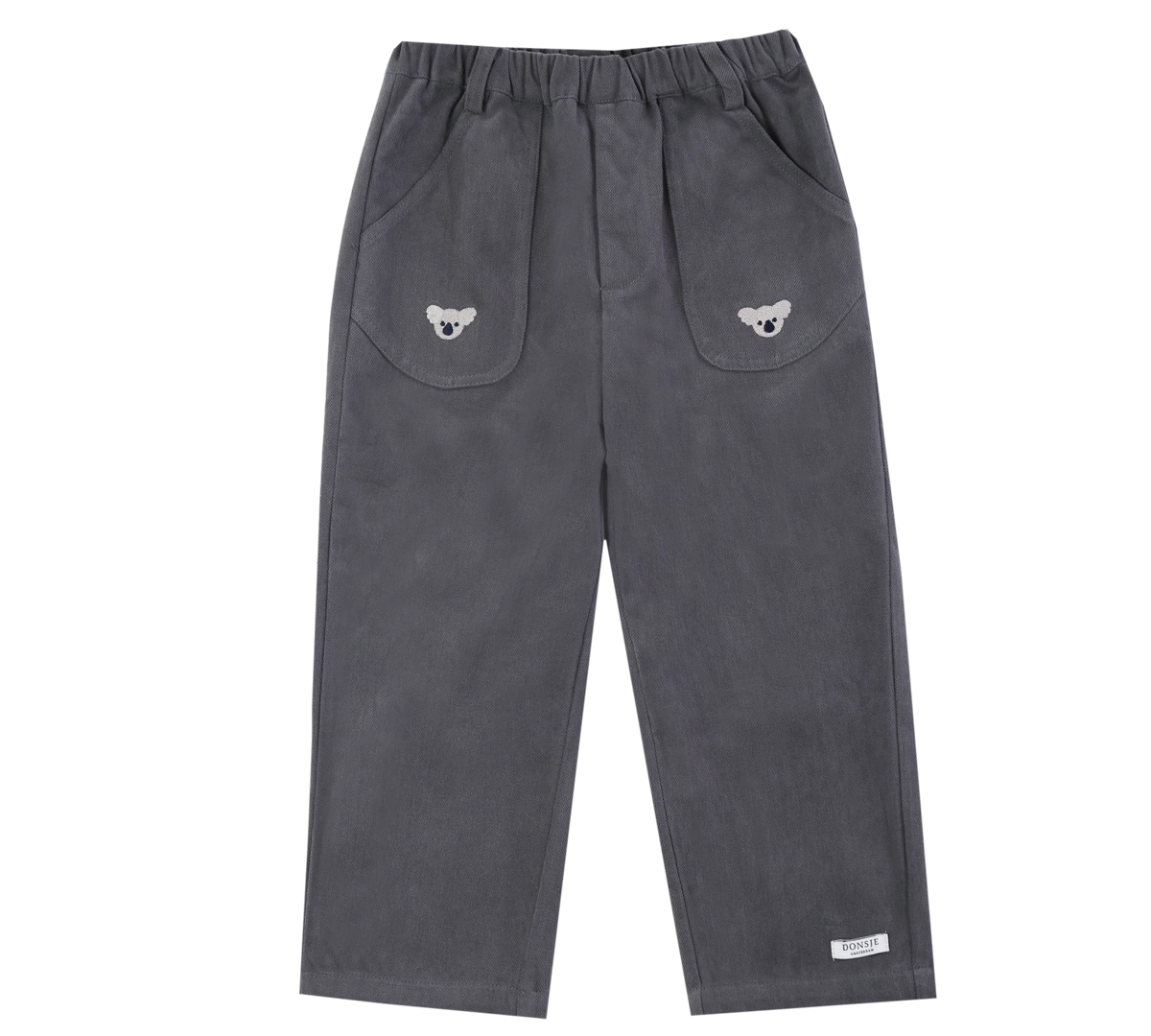 Donsje Kassim Koala trousers in Cloudy Grey, front view with koala pocket details