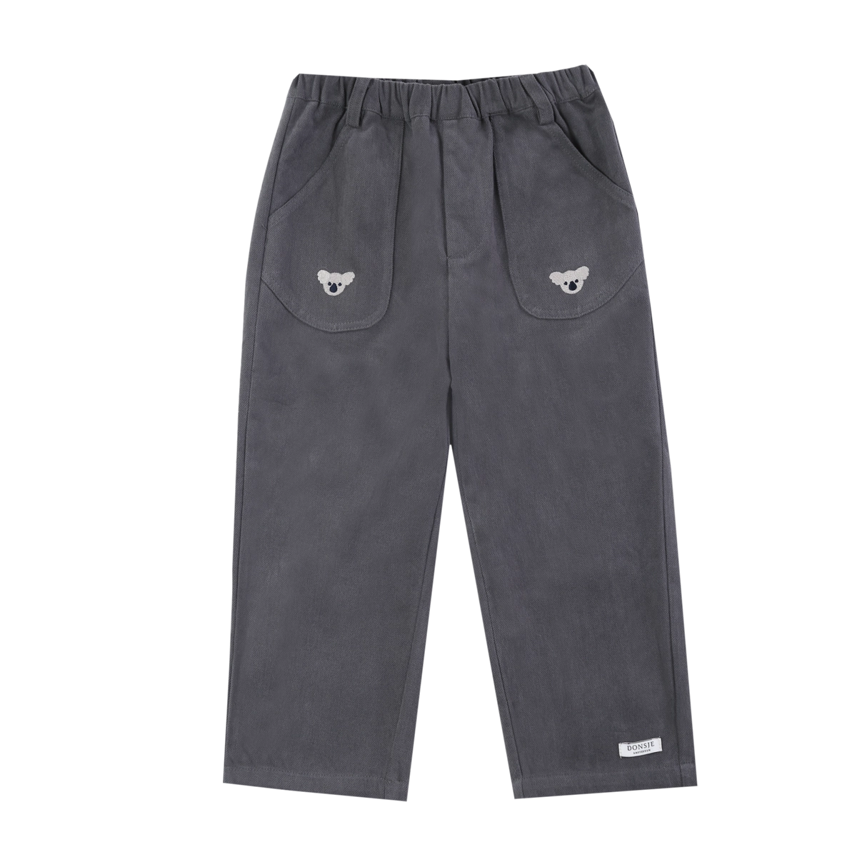 Donsje Kassim Koala trousers in Cloudy Grey, front view with koala pocket details