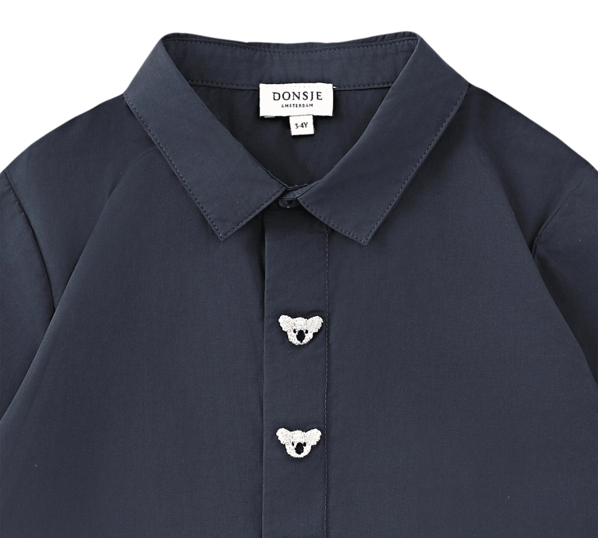 Donsje Lauden Koalas shirt in Blue Marine, close-up of the collar and koala details