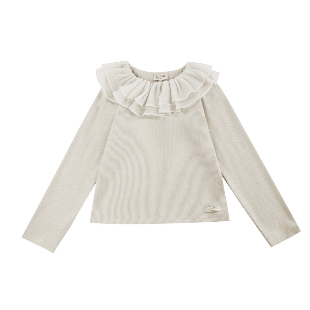 Donsje Florentien top in Birch, front view with ruffled collar