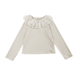 Donsje Florentien top in Birch, front view with ruffled collar