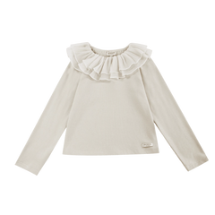 Donsje Florentien top in Birch, front view with ruffled collar