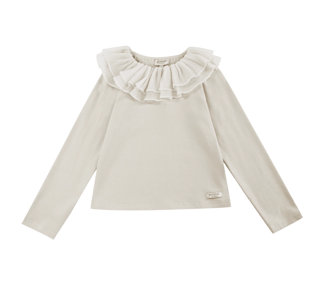 Donsje Florentien top in Birch, front view with ruffled collar