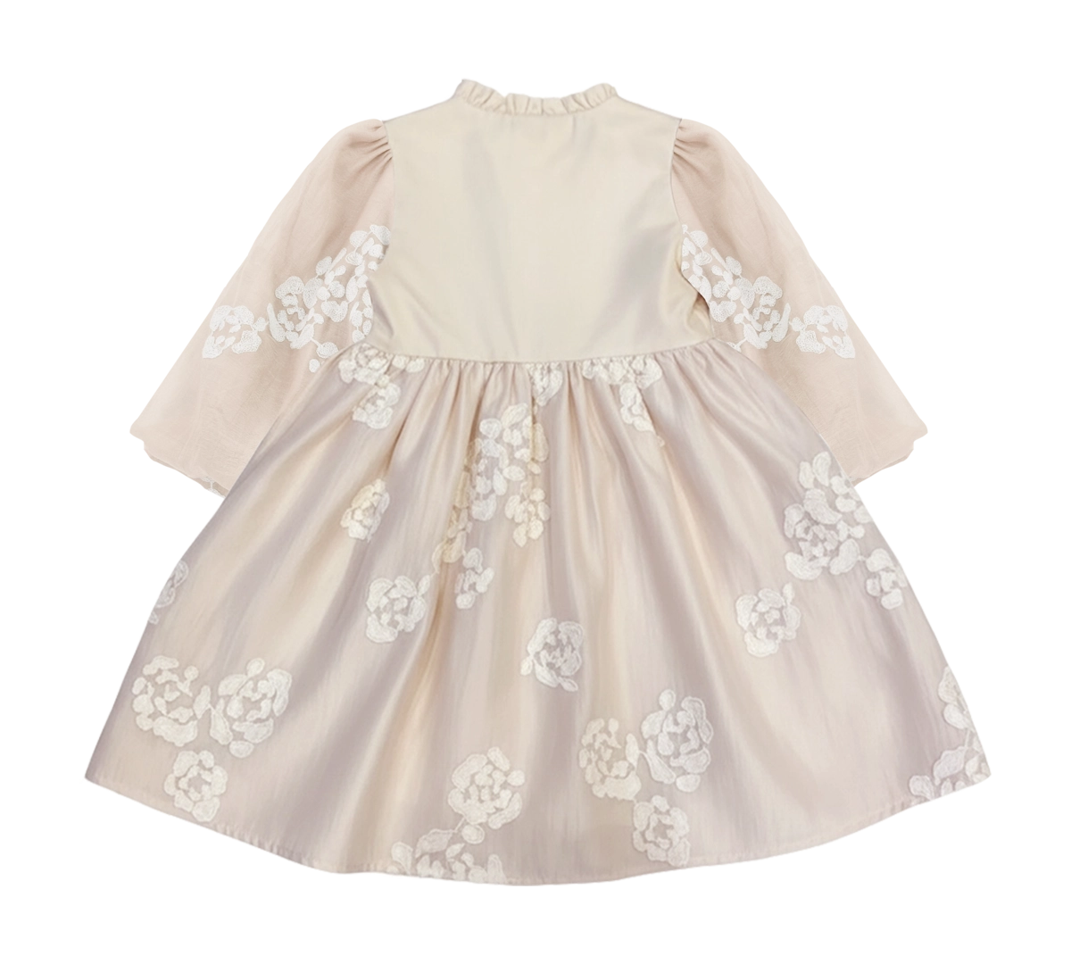 Donsje Kylen dress in Soft Powder with White Blossom, front view with floral details