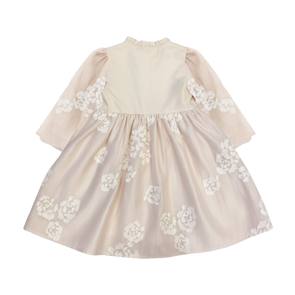 Donsje Kylen dress in Soft Powder with White Blossom, front view with floral details