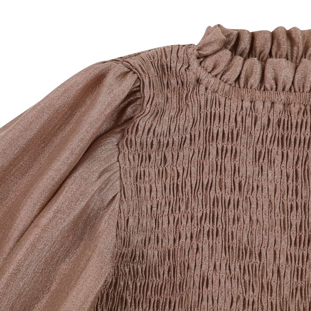 Donsje Janice dress in Rose Brown, close-up of the smocked bodice and neckline