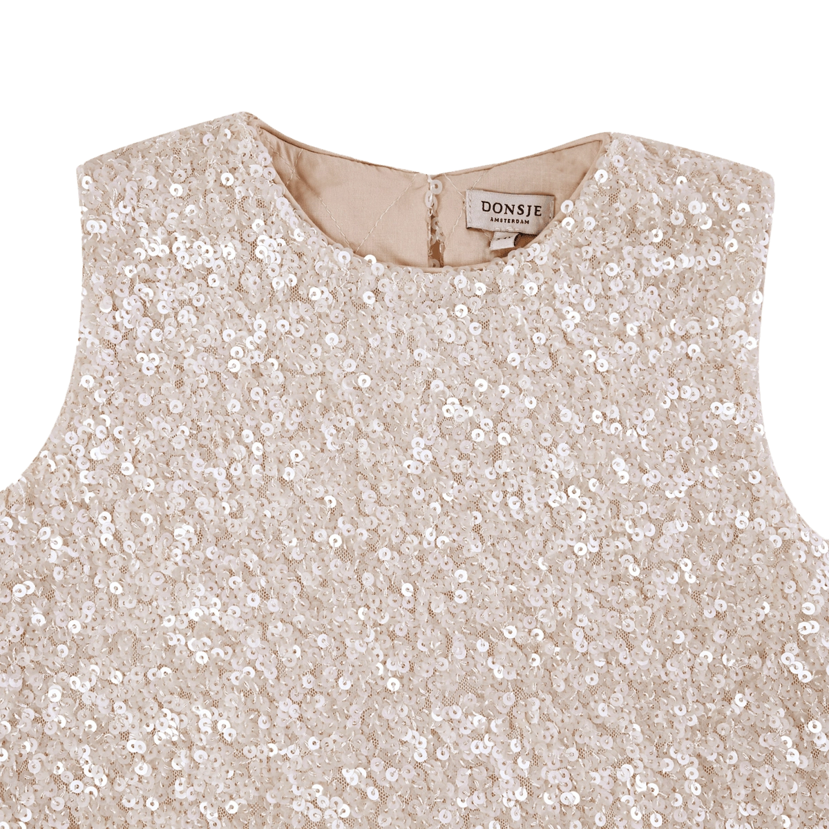 Donsje Lizonne dress in Misty Rose, close-up of the neckline and sequins