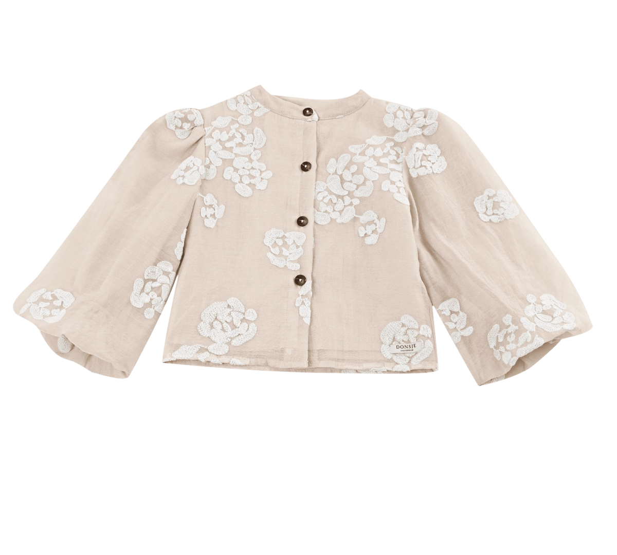 Donsje Opali blouse in Soft Powder with White Blossom, front view with floral details