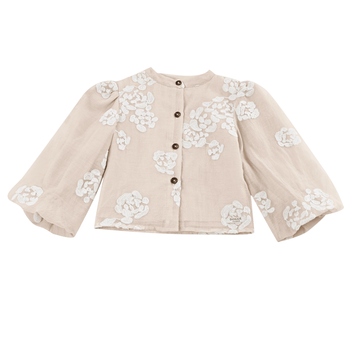 Donsje Opali blouse in Soft Powder with White Blossom, front view with floral details