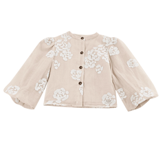 Donsje Opali blouse in Soft Powder with White Blossom, front view with floral details