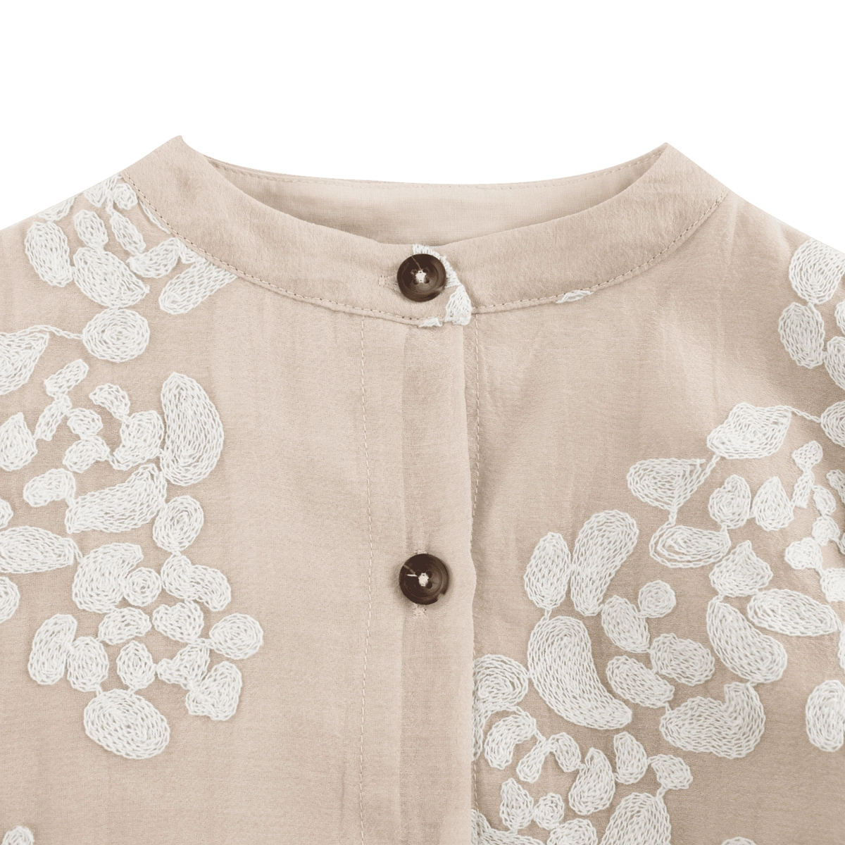 Donsje Opali blouse in Soft Powder with White Blossom, close-up of the neckline and buttons