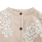 Donsje Opali blouse in Soft Powder with White Blossom, close-up of the neckline and buttons