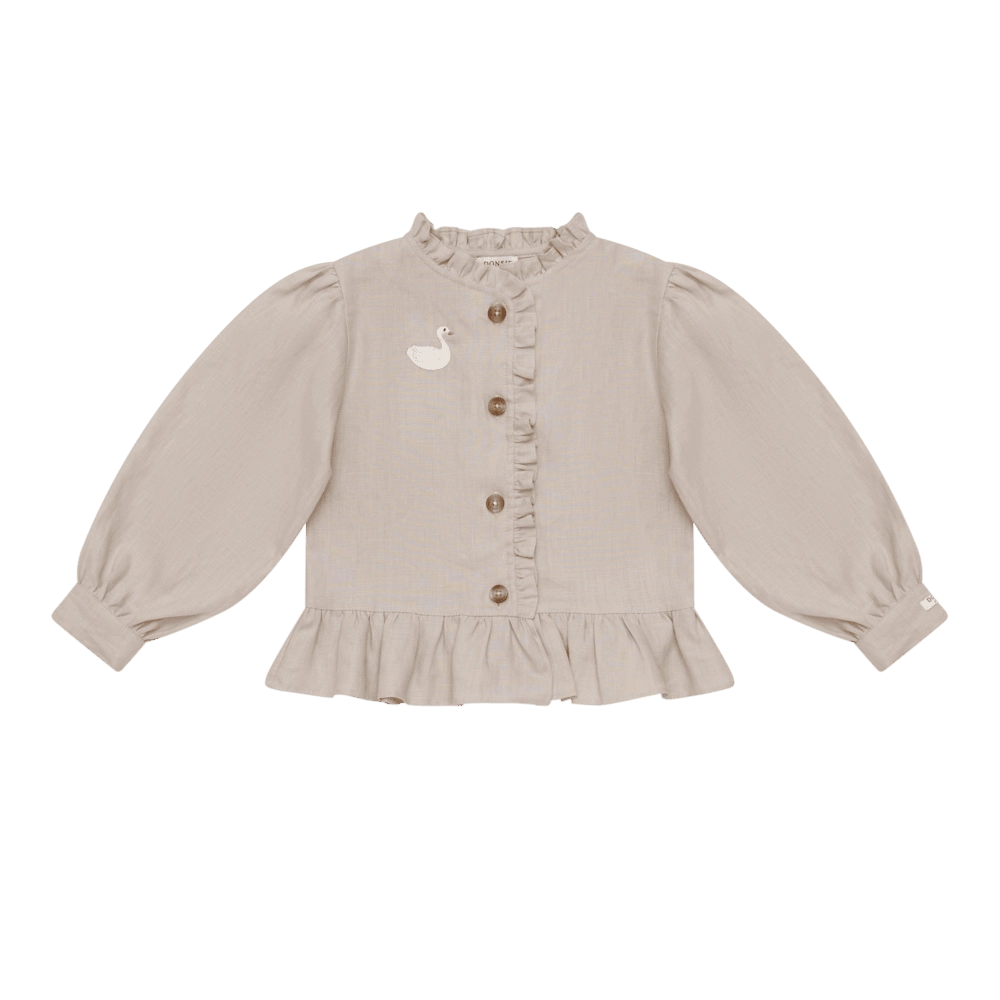 Donsje Siles Swan blouse in Soft Taupe, front view with ruffle and swan details