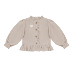 Donsje Siles Swan blouse in Soft Taupe, front view with ruffle and swan details