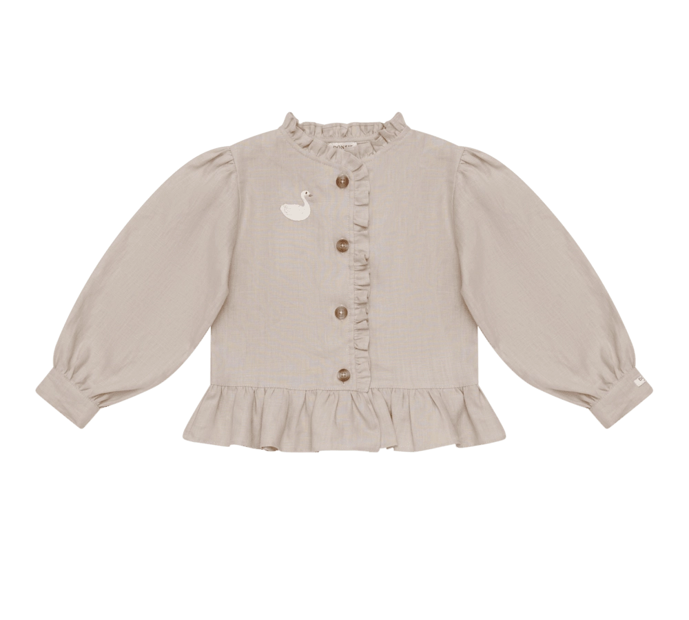 Donsje Siles Swan blouse in Soft Taupe, front view with ruffle and swan details