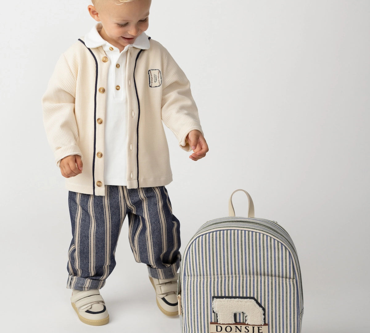 Donsje - Raffie Schoolbag - Blue - Moss Green Striped