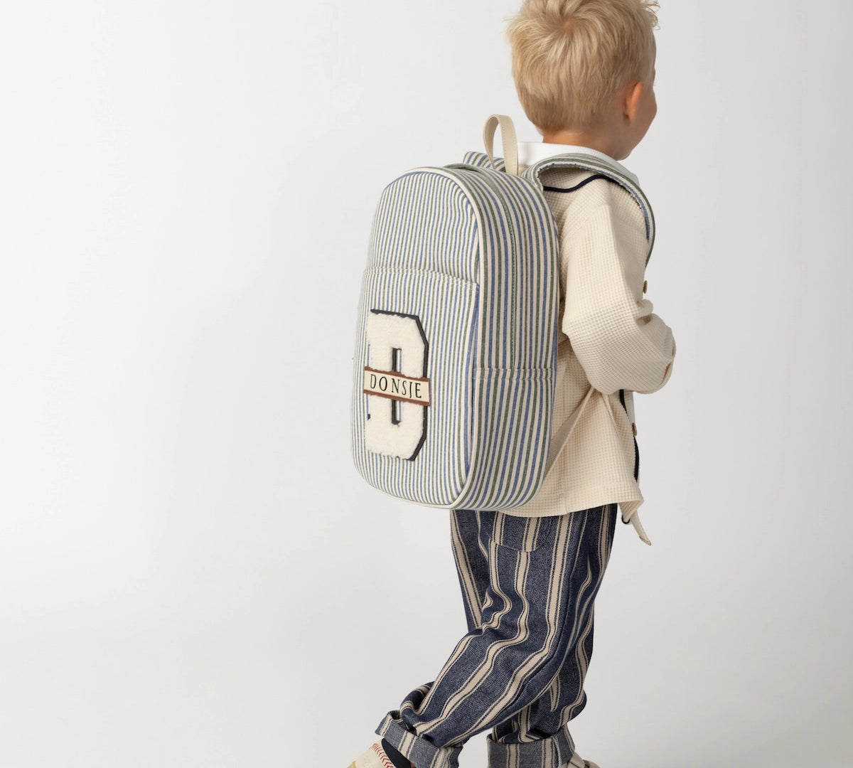 Donsje - Raffie Schoolbag - Blue - Moss Green Striped