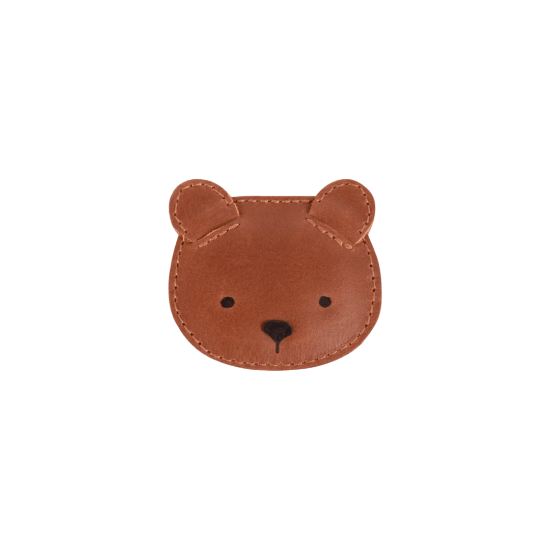 Donsje Josy Classic Bear hairclip in Cognac Classic Leather, front view of the bear design