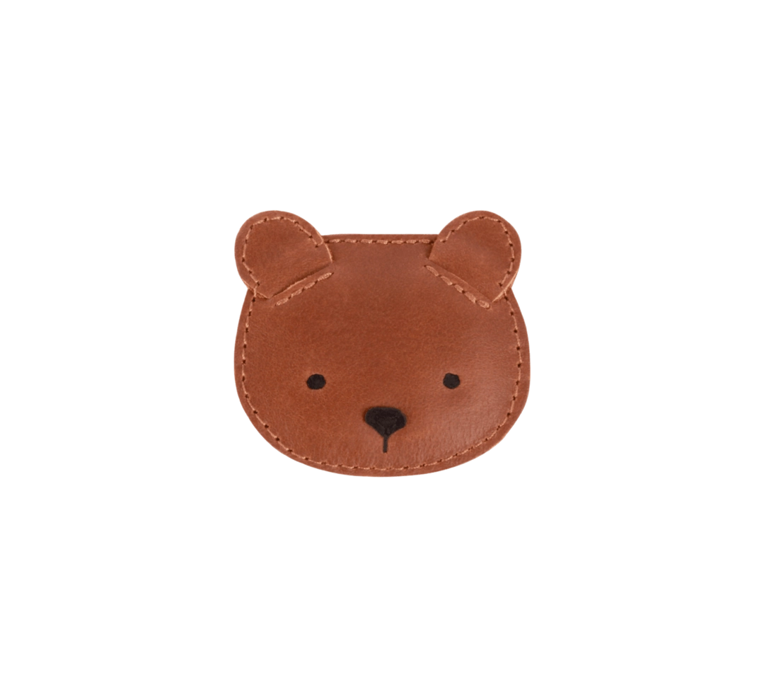 Donsje Josy Classic Bear hairclip in Cognac Classic Leather, front view of the bear design