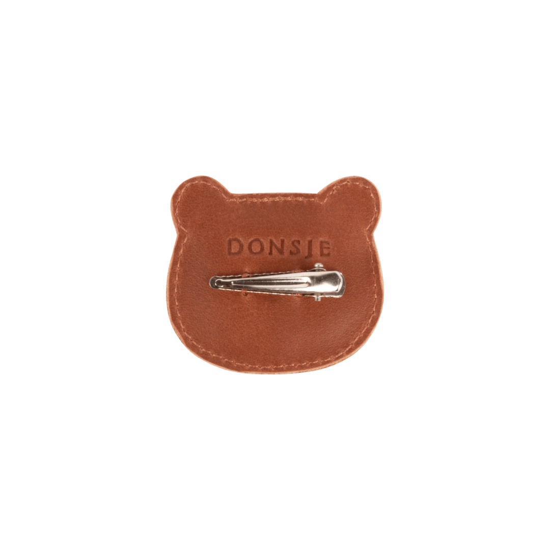Donsje Josy Classic Bear hairclip in Cognac Classic Leather, back view showing the metal clip