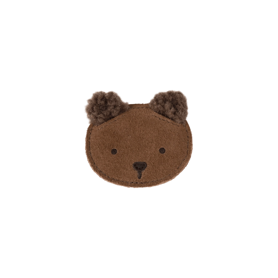 Donsje Pouty Fluffy Bear hairclip in Teddy Brown Suede, front view with fluffy ears