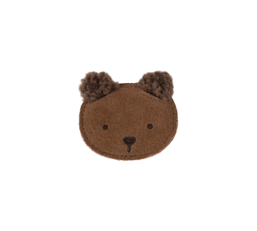Donsje Pouty Fluffy Bear hairclip in Teddy Brown Suede, front view with fluffy ears