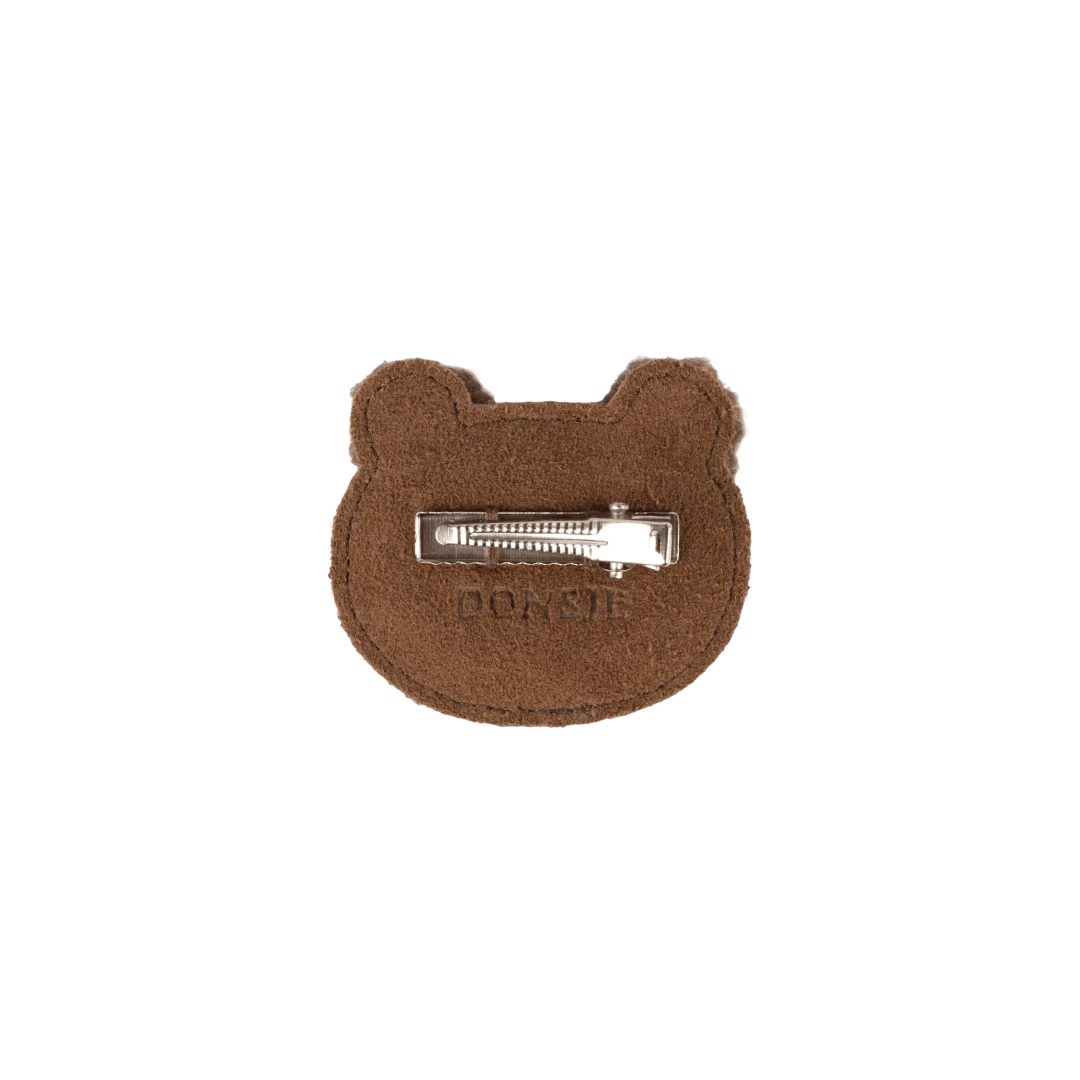 Donsje Pouty Fluffy Bear hairclip in Teddy Brown Suede, back view showing the metal clip