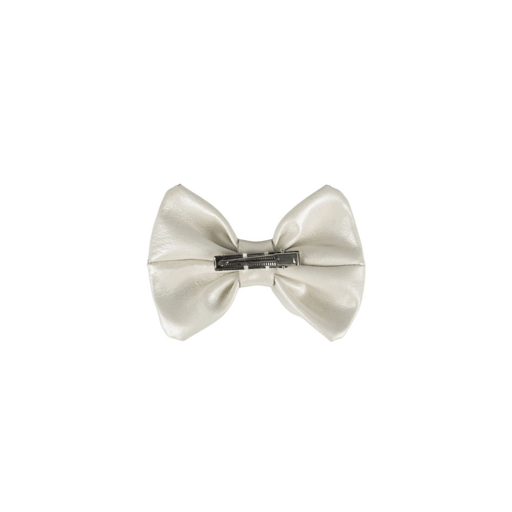 Donsje Angeline bow hairclip in Off White Metallic Leather, back view showing the metal clip