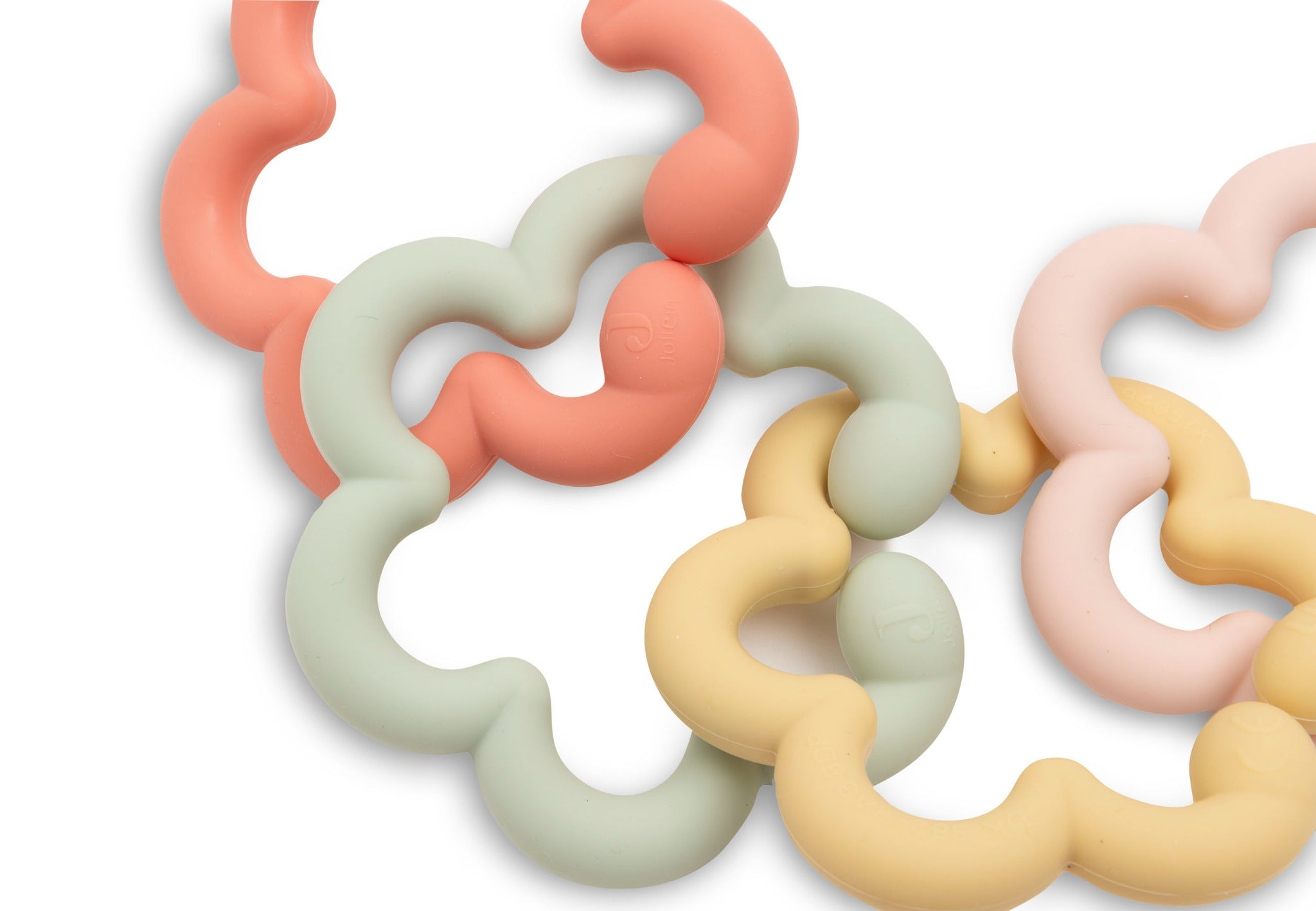 Jollein silicone flower toy loops linked together in coral, green, yellow and pink