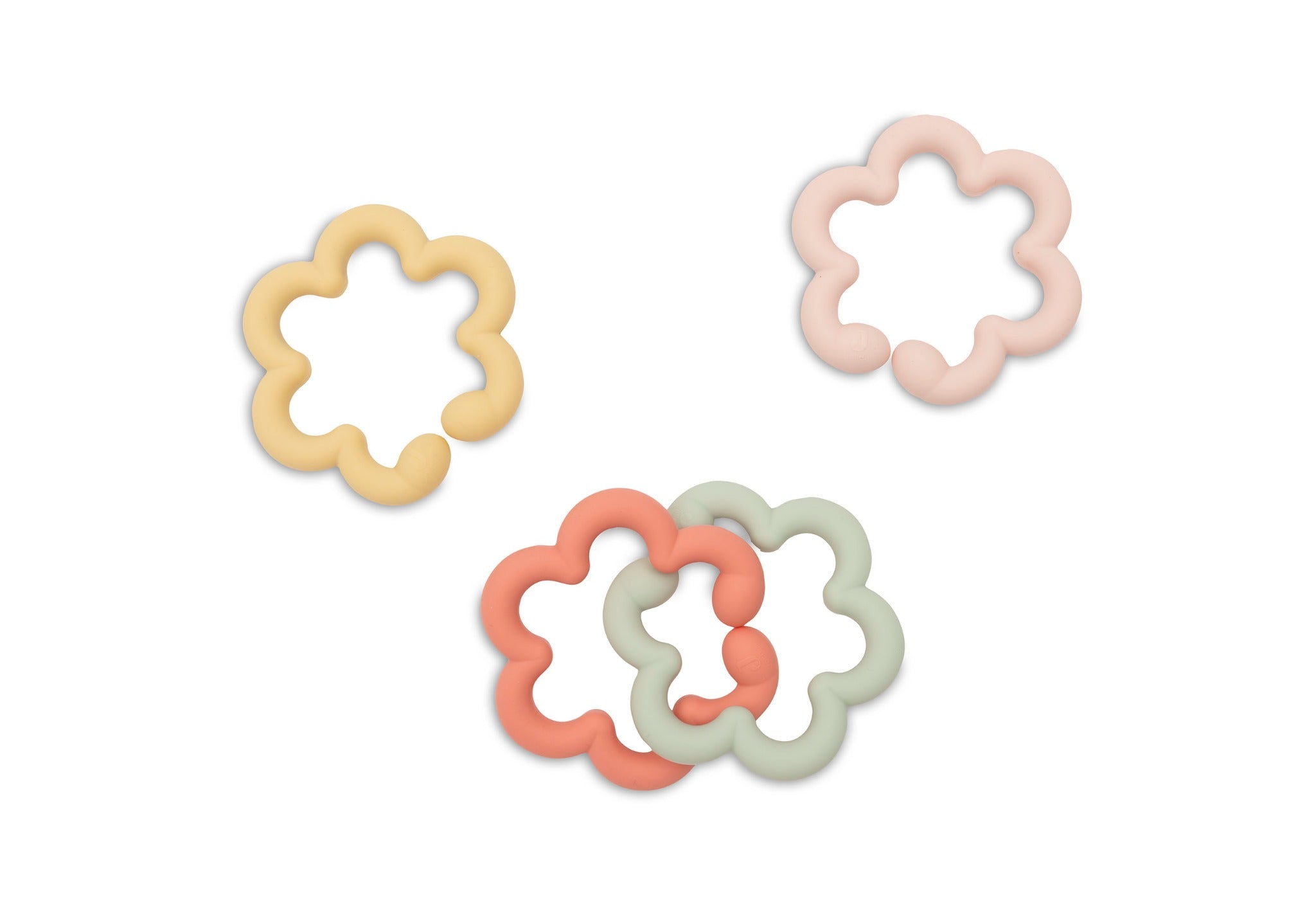 Jollein silicone flower toy loops shown separately and linked together
