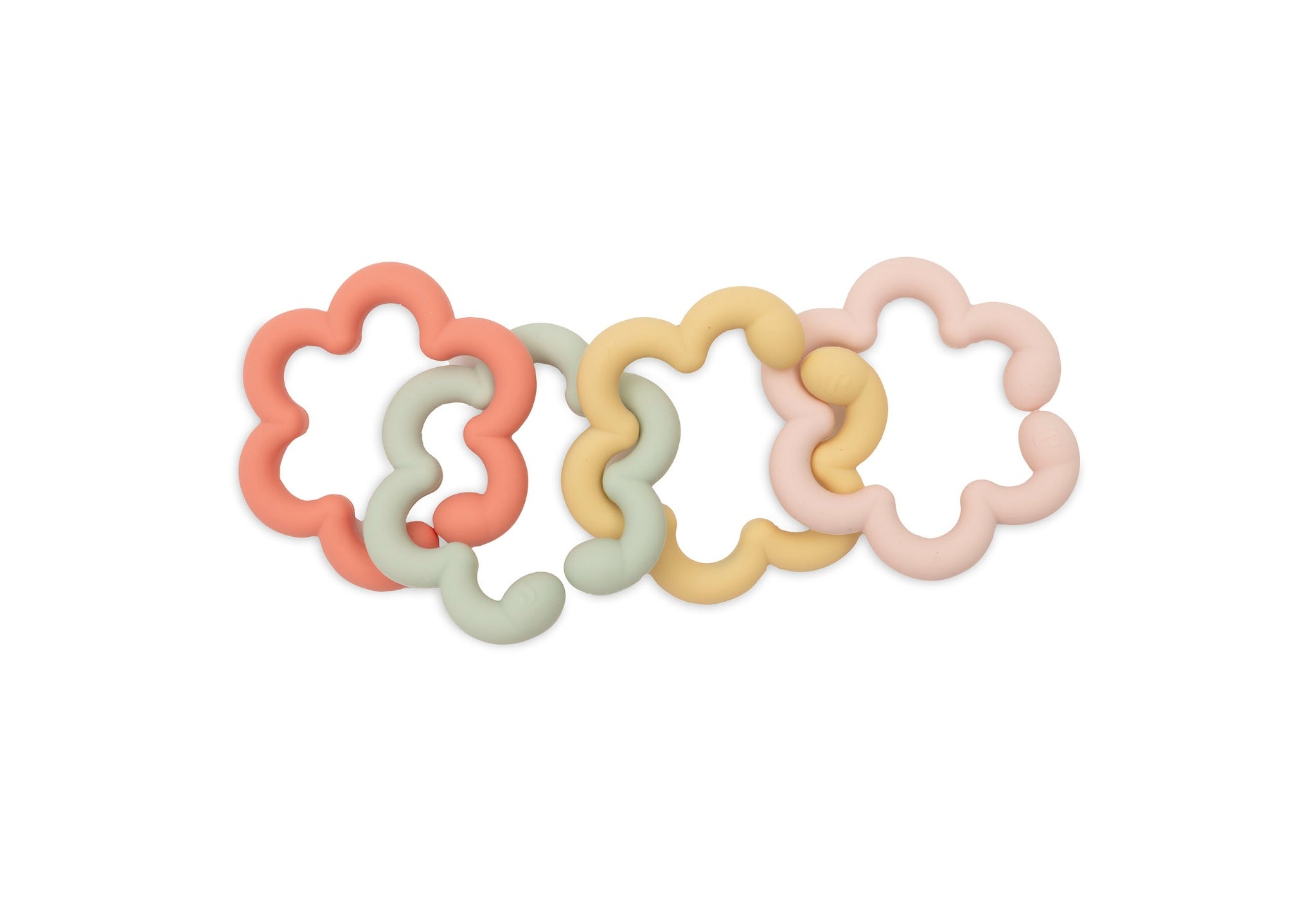 Four linked Jollein silicone flower toy loops in coral, green, yellow and pink