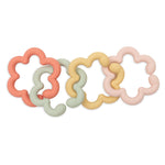 Four linked Jollein silicone flower toy loops in coral, green, yellow and pink