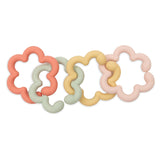 Four linked Jollein silicone flower toy loops in coral, green, yellow and pink