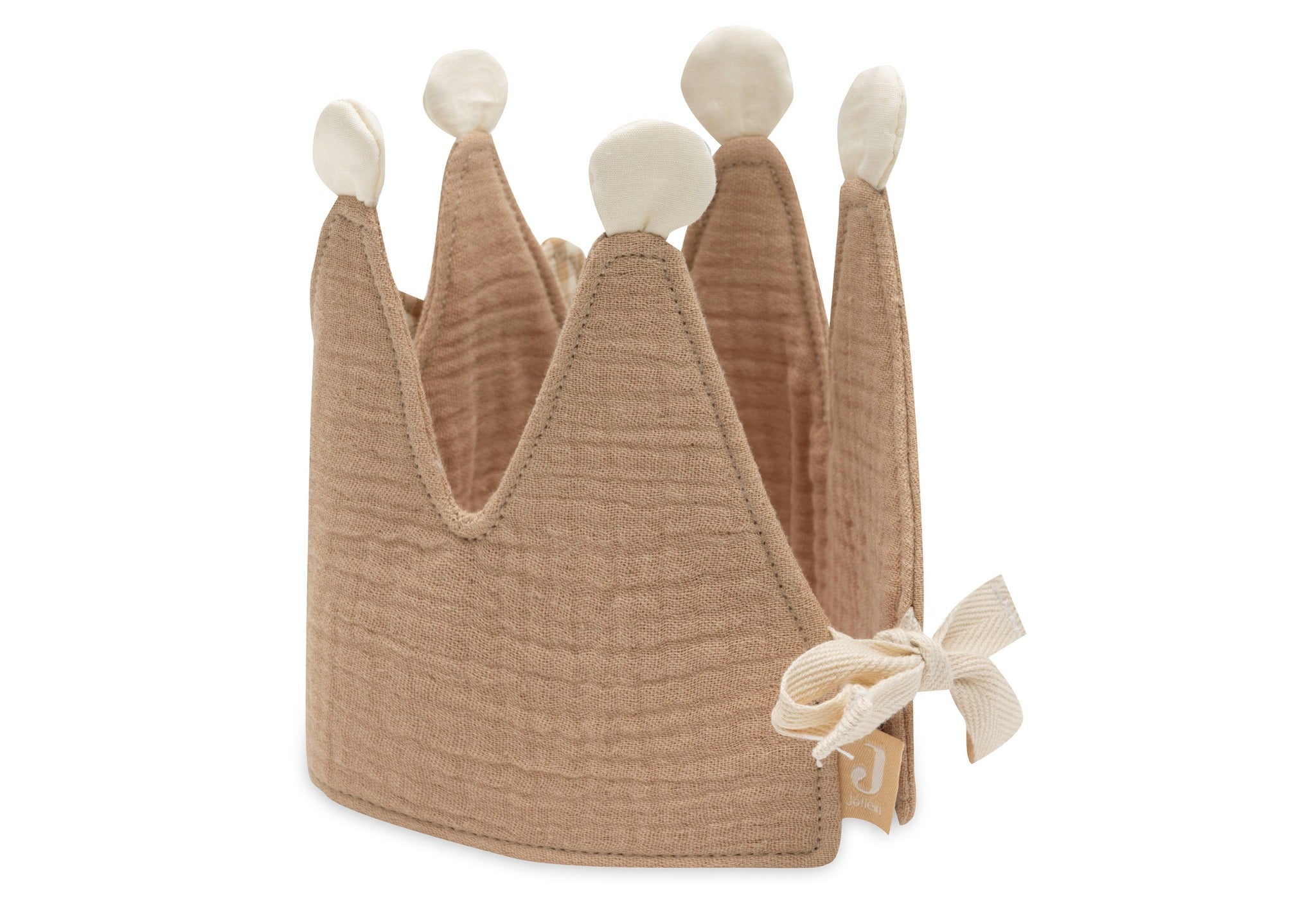 Back of the Jollein Teddy Bear birthday crown showing its ribbon tie and cream pom-poms
