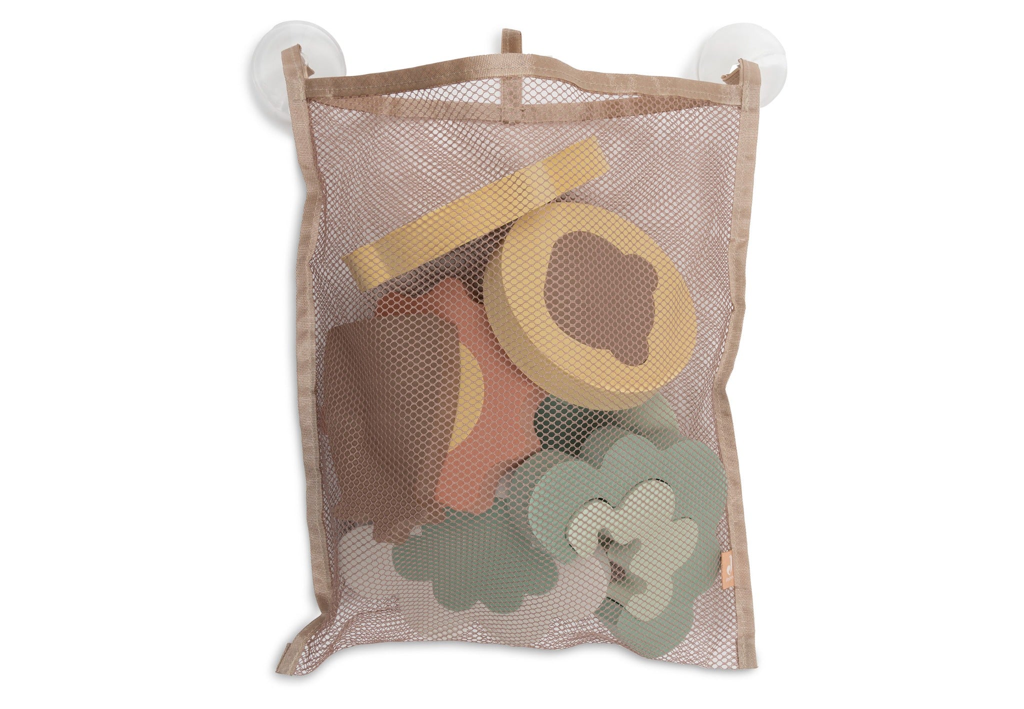 Jollein Kangaroots bath puzzle pieces packed in a mesh bag with two suction cups