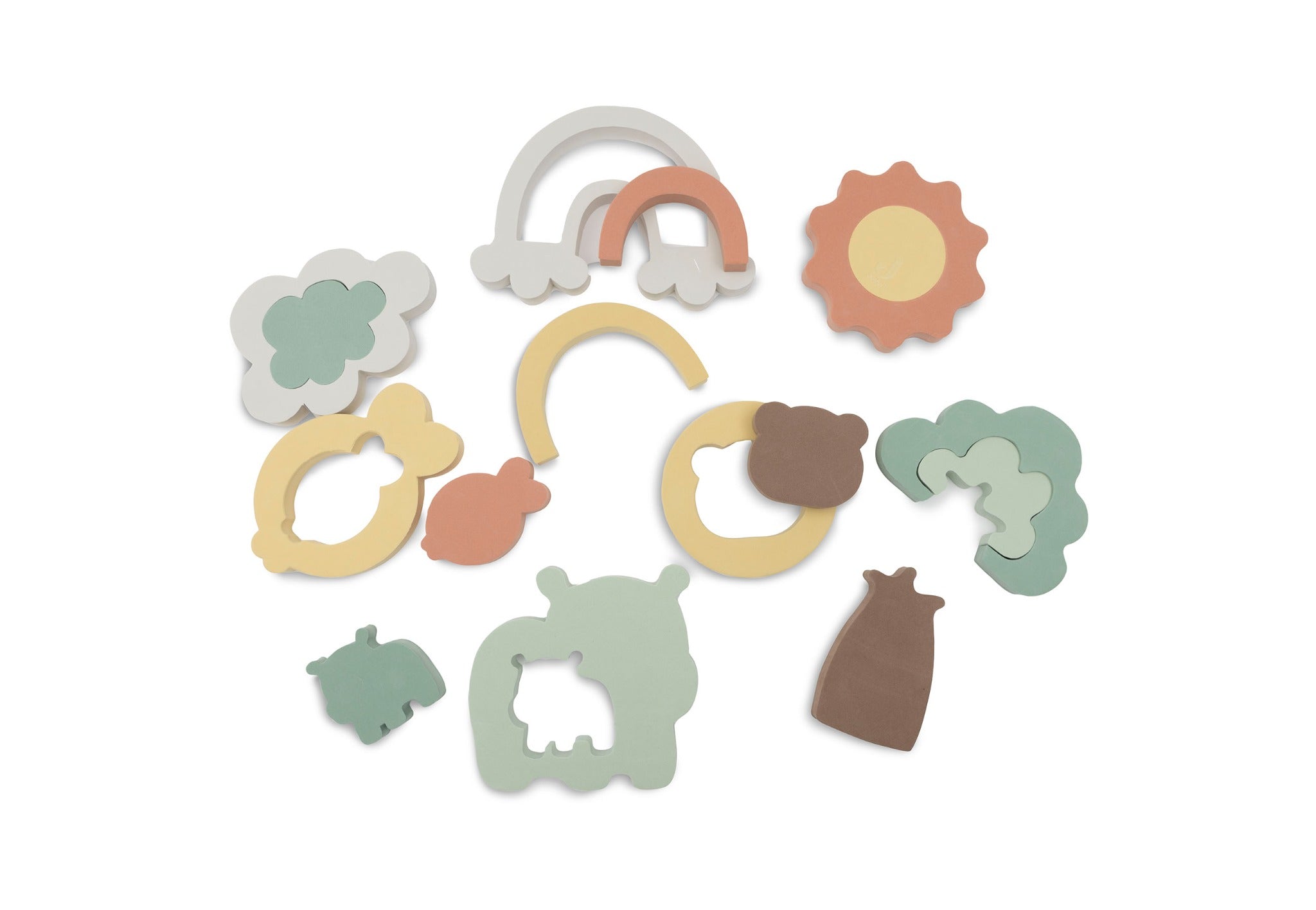 Jollein Kangaroots bath puzzle showing removable centres and animal, tree, rainbow and sun shapes