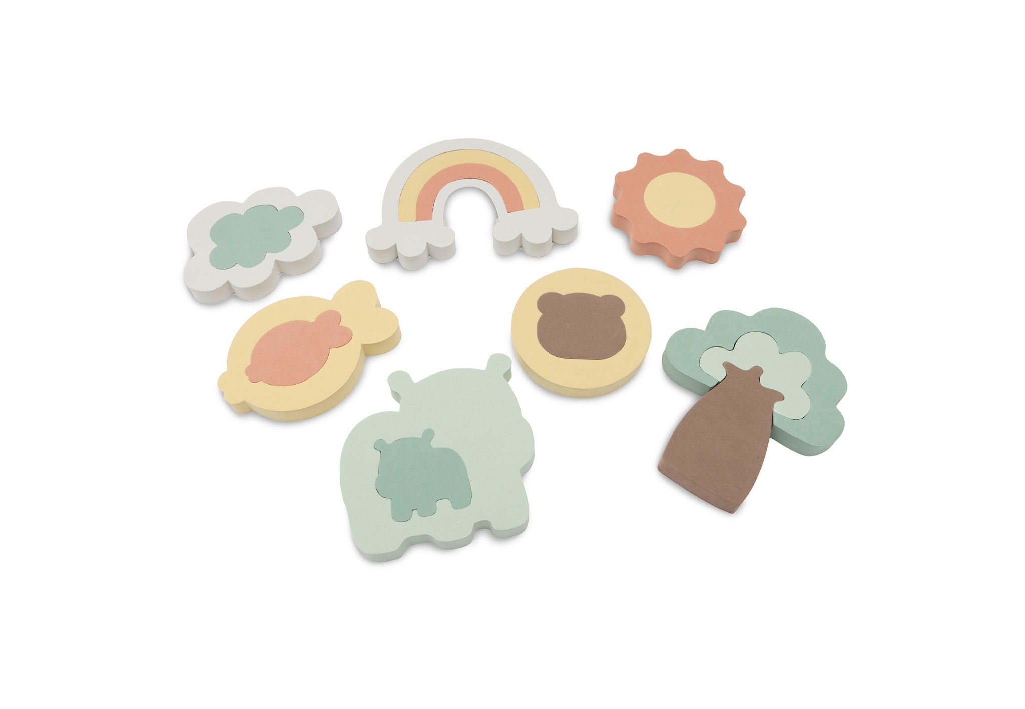 Jollein Kangaroots foam bath puzzle with animal, tree, rainbow and sun shapes