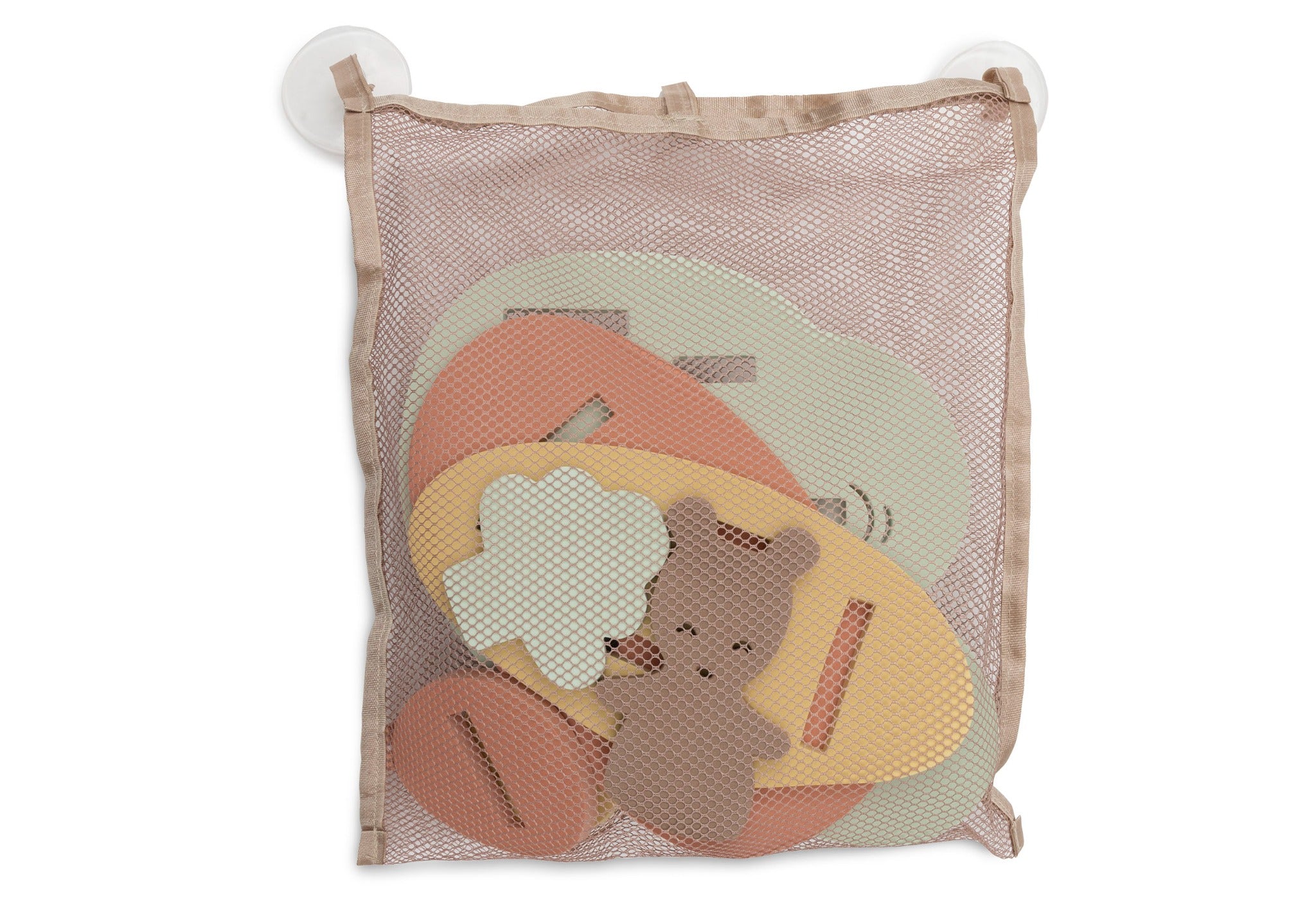 Jollein Kangaroots bath foam playset stored in its mesh bag with suction cups