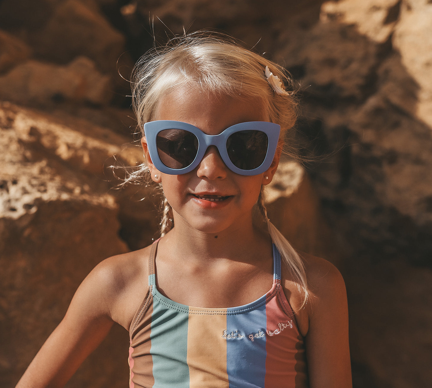 Kids wearing Salted Stories Cat Eye sunglasses in Persian Violet lifestyle image