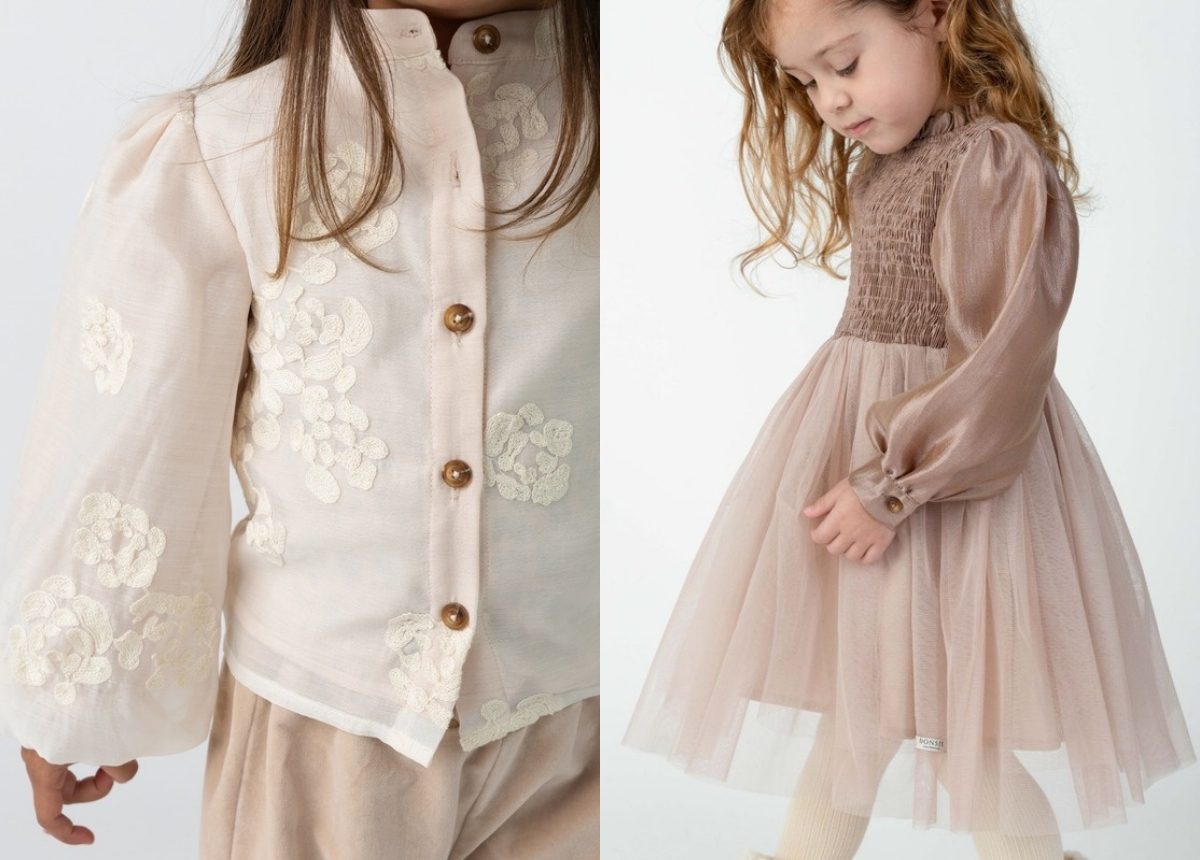 Two girls in Mini Melons outfits: a blouse and trousers, and a tulle dress